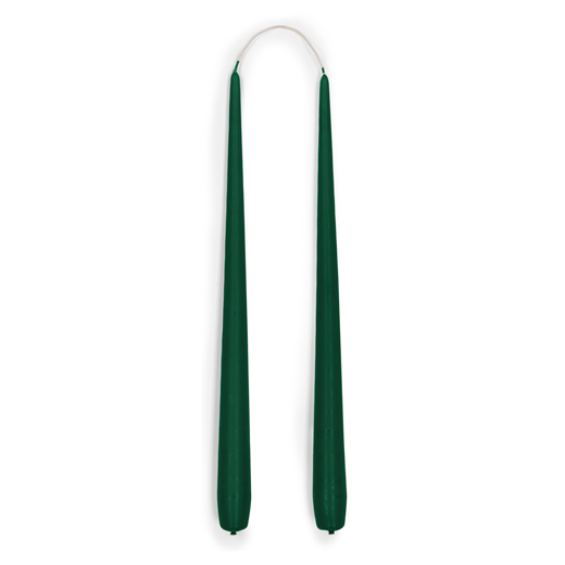 A pair of tapered green candles hand-crafted in Wiltshire from natural mineral wax.